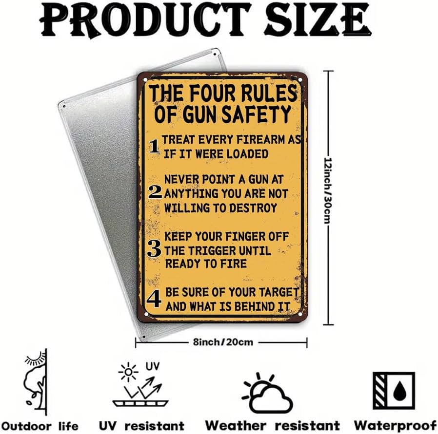 The Four Rules of Gun Safety Vintage Metal Sign Gun Room Decor Rustic Tin Signs Metal Poster for Home Garage Office Bar Cafe Pub Man Cave Gifts 12 x 8 Inch