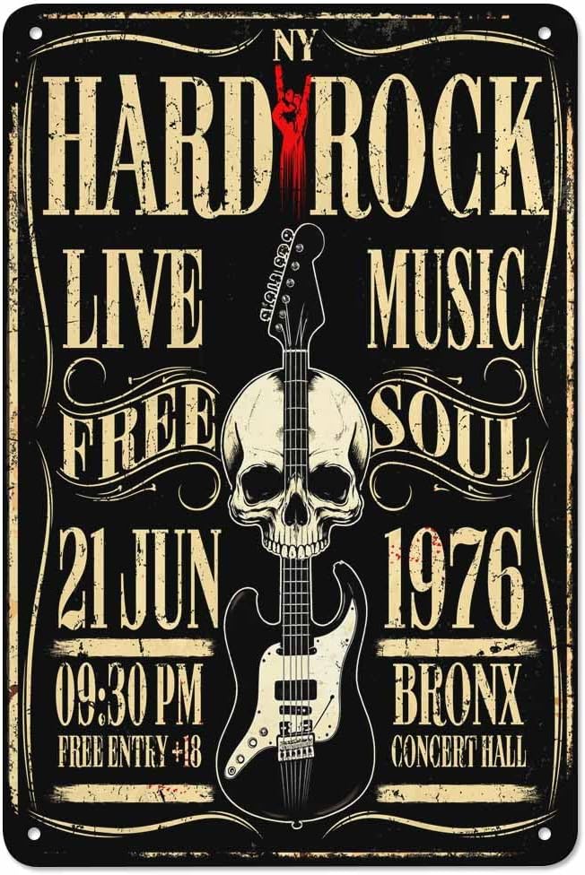 AOYEGO Hard Rock Poster Tin Sign,Rock Roll Music with Skull Guitar Vintage Metal Tin Signs for Cafes Bars Pubs Shop Wall Decorative Funny Retro Signs for Men Women 8x12 Inch