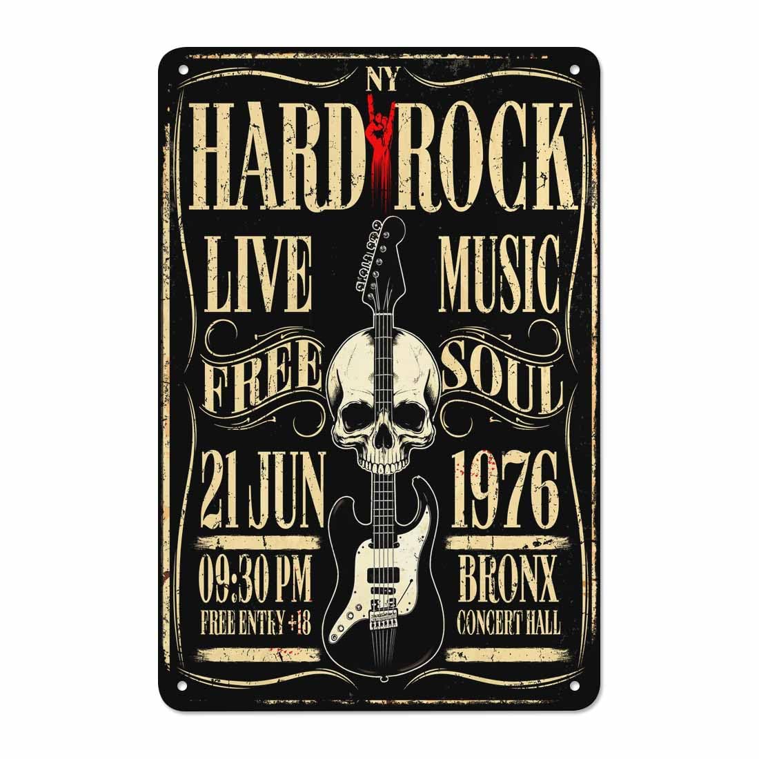 AOYEGO Hard Rock Poster Tin Sign,Rock Roll Music with Skull Guitar Vintage Metal Tin Signs for Cafes Bars Pubs Shop Wall Decorative Funny Retro Signs for Men Women 8x12 Inch