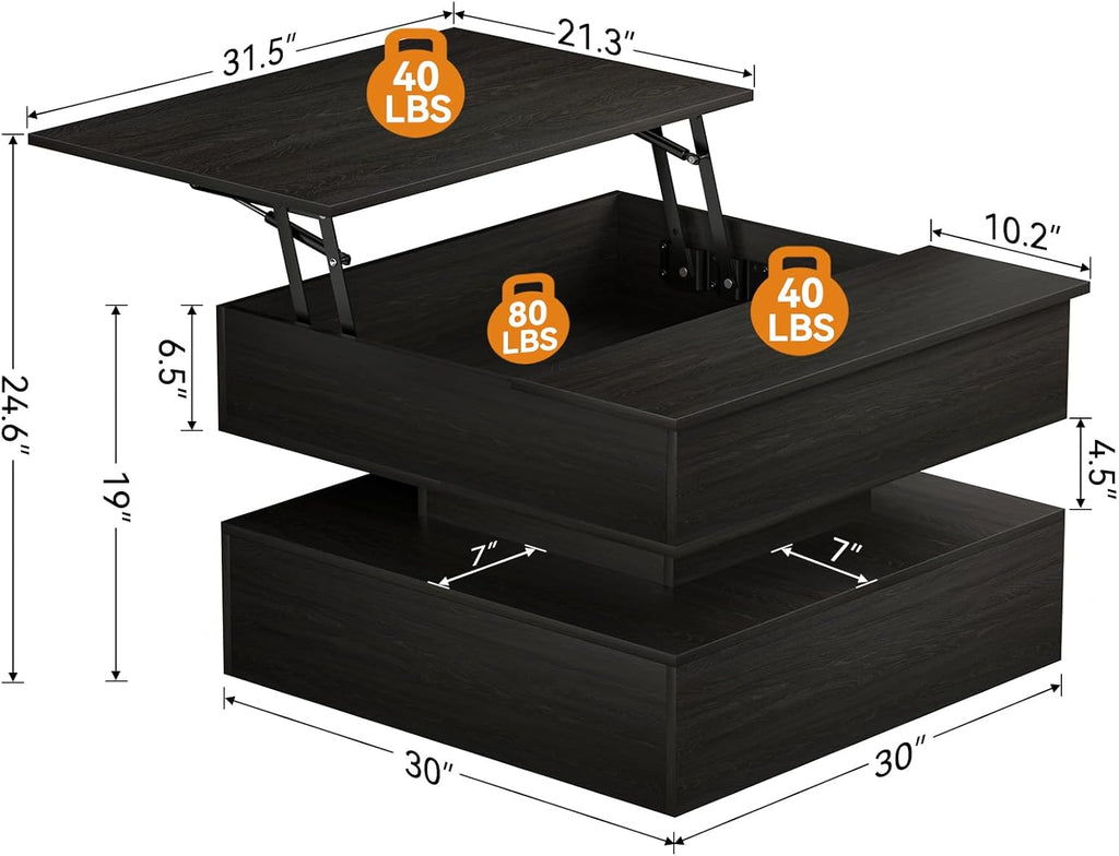 FABATO Lift Top Coffee Table with Storage and Hidden Compartment, Wood Square Coffee Table for Living Room,31.5'' Small Center Table with Open Display Shelf for Dining Reception Room, Black