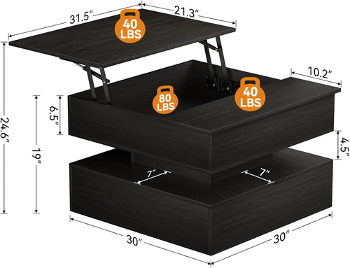 FABATO Lift Top Coffee Table with Storage and Hidden Compartment, Wood Square Coffee Table for Living Room,31.5'' Small Center Table with Open Display Shelf for Dining Reception Room, Black