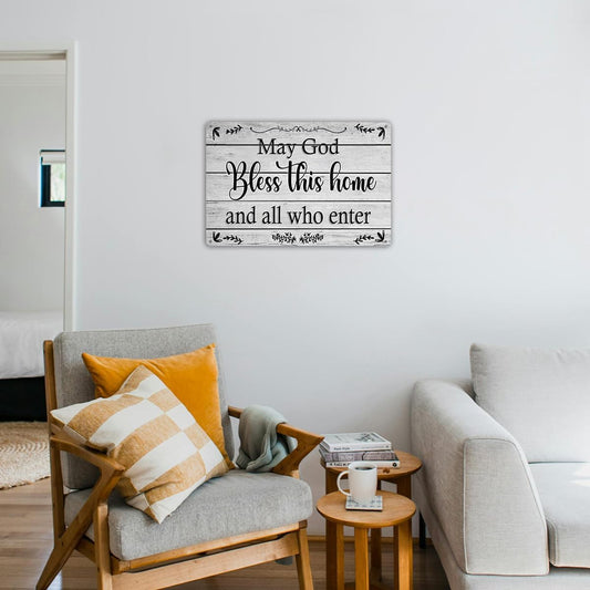 May God Bless This Home Wall Decor – Blessed Tin Sign for Christian Decoration – Rustic Family Welcome Sign for Front Door or Kitchen – Vintage Housewarming Gift for New Home – 8x12 Inch Metal Wall Art