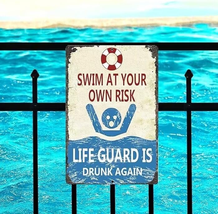 Cuorung Man Cave Decor 2pcs Vintage Tin Metal Sign Swim At Your Own Risk Lifeguard Is Drunk Again Funny Pool Posters For Garage Shop Bar Pub Wall Ation Indoor/outdoor 12x8 Inch Signs, White and Blue
