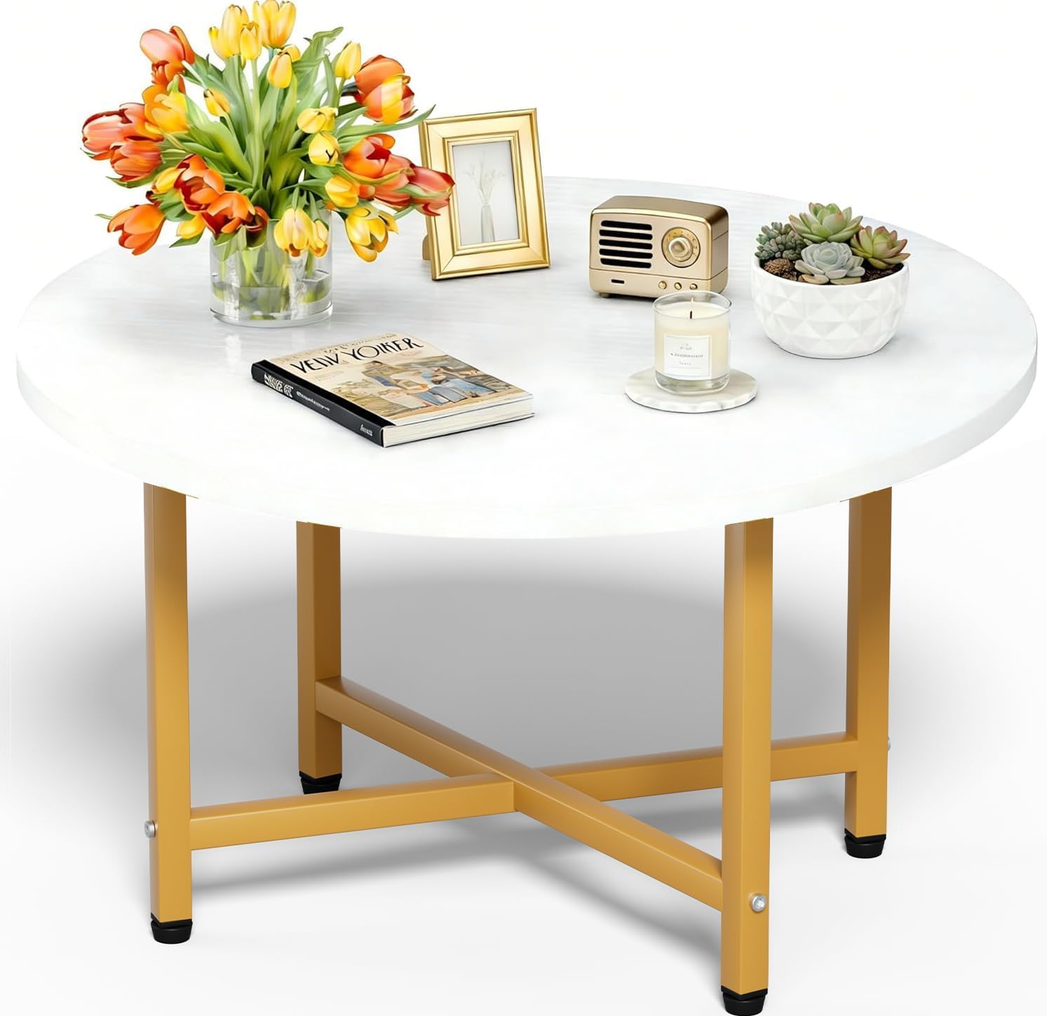FAMIDGE Coffee Table, 23.6" Coffee Tables for Living Room, Round Coffee Table with Metal Frame, Floor Table for Sitting on The Floor, Home, Office, Black