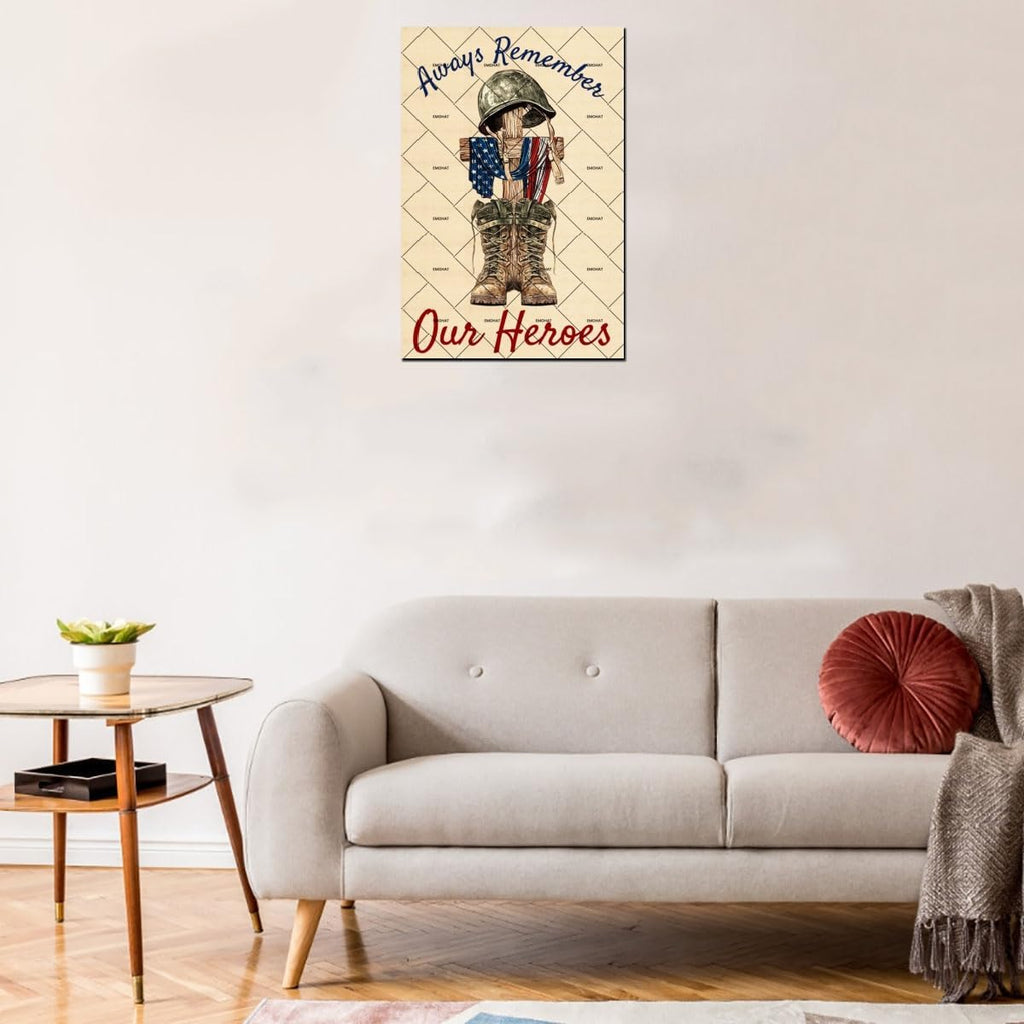 Memorial Days Always Remember Our Heroes, EMOHAT Veteran Poster Decor Metal Tin Sign, Patriotic Home Yard Outdoor Holiday Wall Decor 12x8 Inch