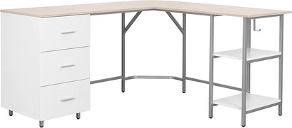 Techni Mobili L Shaped Desk - Two-Toned Computer Desk with Drawers & Storage Shelves - Simple Modern Furniture & Home Office Space Corner Table for Work & Writing