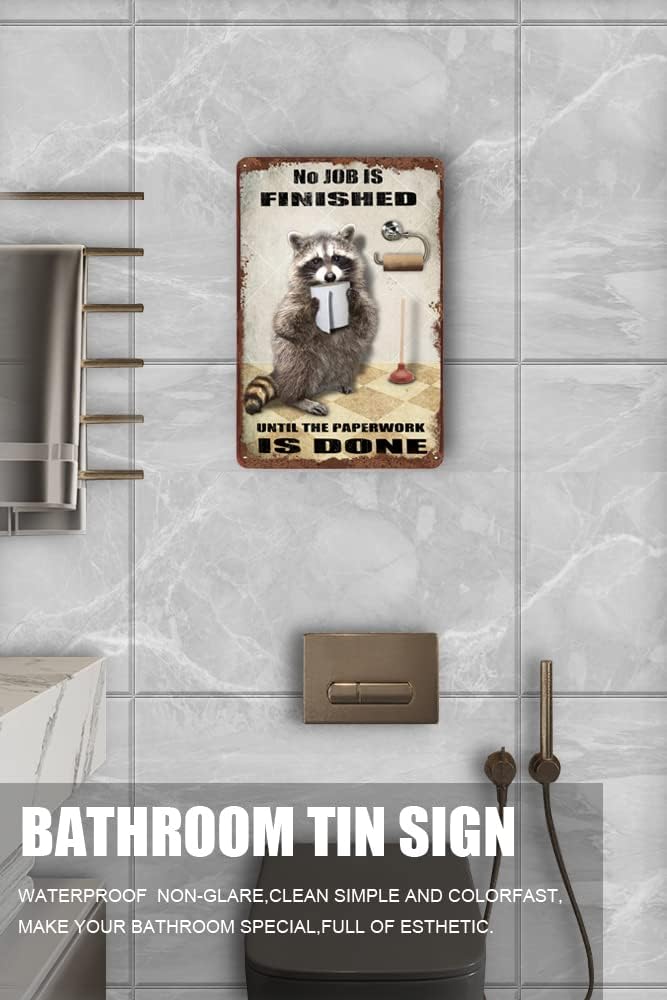Vintage Tin Sign - Raccoon Bathroom Wall Decor - Rustic Metal Sign - 12x8 Inch - Funny Animal Sign for Home, Bathroom, Pub, Gift