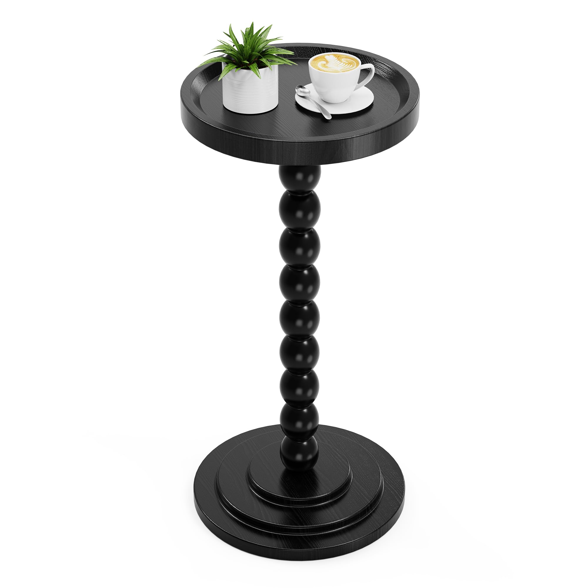 Round Wooden Side Table & Drink Table | Sturdy & Functional Mid-Century Modern Design with Solid Wood Columns for Living Room, Bedroom, Office & More
