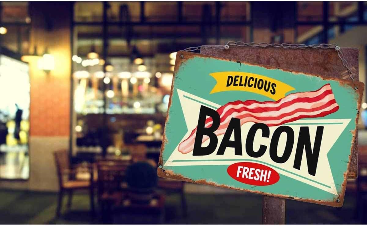 AOYEGO Bacon Tin Sign,Delicious Food Meat Vintage Metal Tin Signs for Cafes Bars Pubs Shop Wall Decorative Funny Retro Signs for Men Women 8x12 Inch