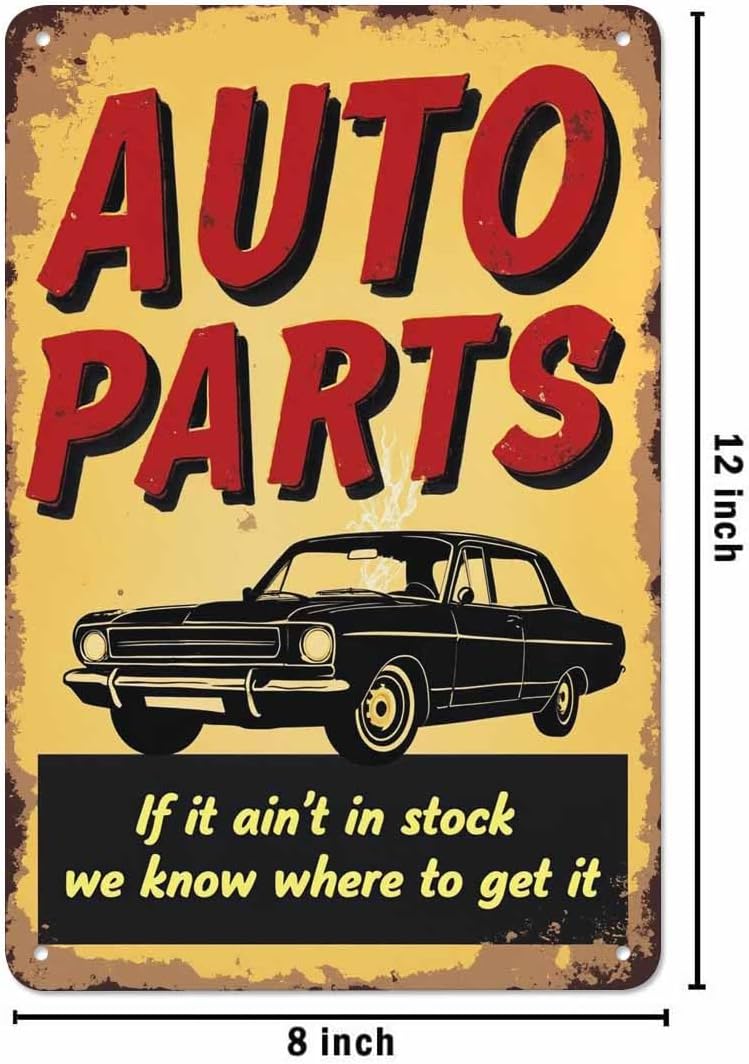 AOYEGO Auto Parts Tin Sign,Car and Lettering On Yellow Background Vintage Metal Tin Signs for Cafes Bars Pubs Shop Wall Decorative Funny Retro Signs for Men Women 8x12 Inch