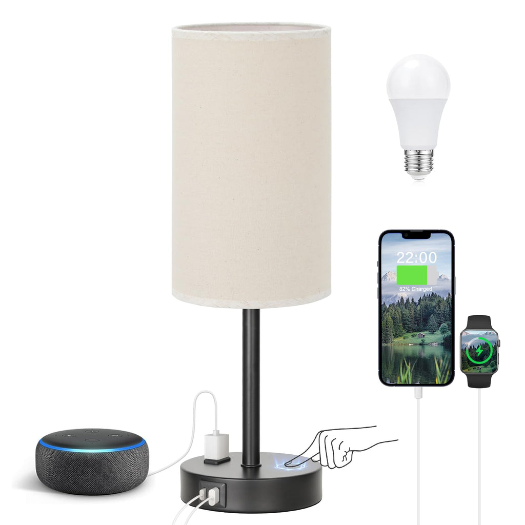 Fenmzee Bedside Table Lamp for Bedroom - 3 Way Dimmable Touch Lamp USB C Charging Ports and AC Outlet, Small Lamp Wood Base Round Flaxen Fabric Shade for Living Room, Desk, LED Bulb Included