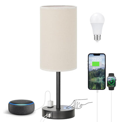 Fenmzee Bedside Table Lamp for Bedroom - 3 Way Dimmable Touch Lamp USB C Charging Ports and AC Outlet, Small Lamp Wood Base Round Flaxen Fabric Shade for Living Room, Desk, LED Bulb Included