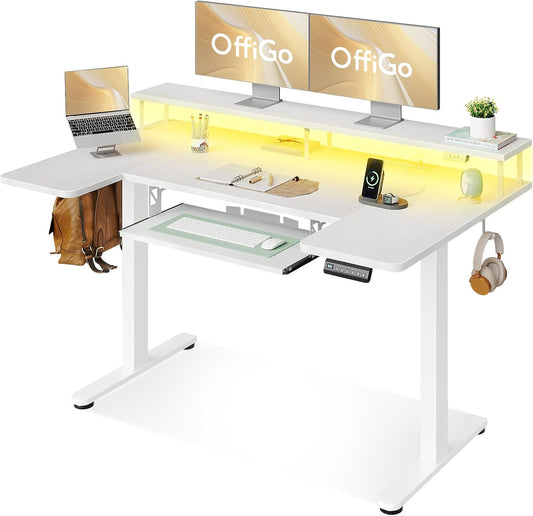 OffiGo U Shaped Electric Standing Desk with Keyboard Tray, 55 Inch Height Adjustable Desk with Power Outlets & LED Lights, Sit Stand Table with Monitor Stand for Home, Office, White