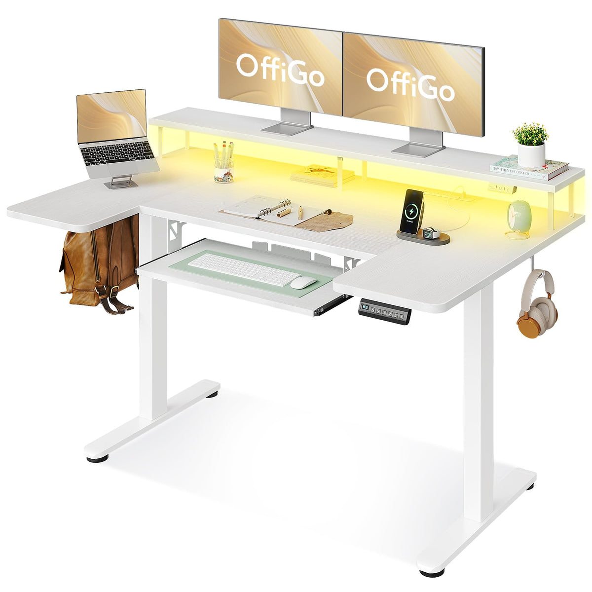 OffiGo U Shaped Electric Standing Desk with Keyboard Tray, 55 Inch Height Adjustable Desk with Power Outlets & LED Lights, Sit Stand Table with Monitor Stand for Home, Office, White