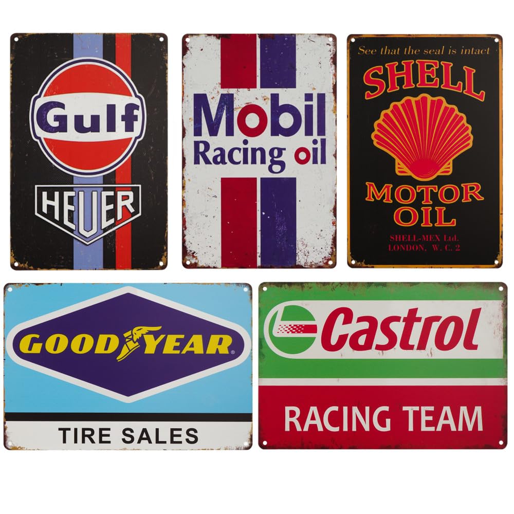 Vintage Tin Signs, Set of 5, Motor Oil and Automotive Advertisements, Metal, 8 x 12 Inches (Yellow)