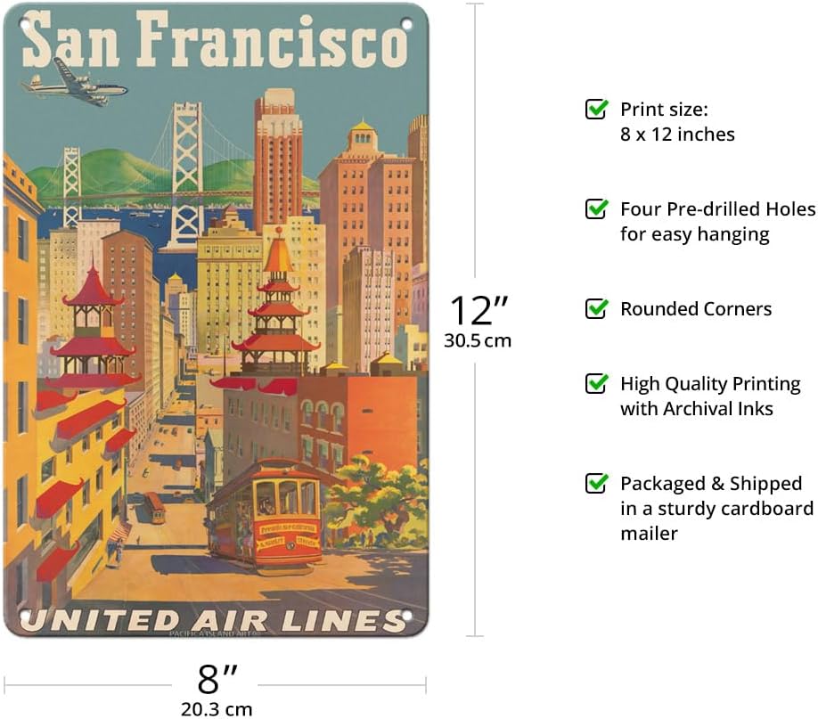 Pacifica Island Art San Francisco California - Cable Car in Chinatown - United Air Lines - Vintage Airline Travel Poster by Joseph Fehér c.1950s - 8 x 12 inch Vintage Metal Tin Sign