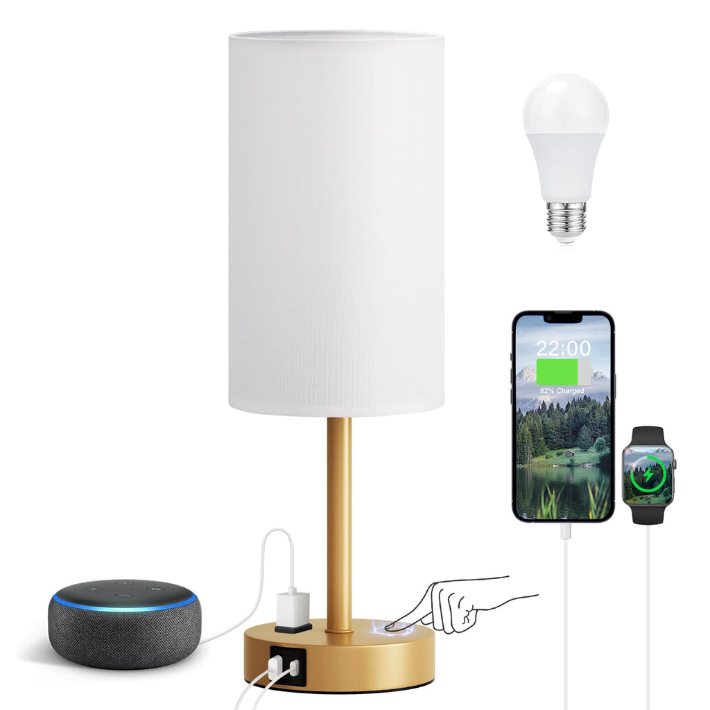 Fenmzee Bedside Table Lamp for Bedroom - 3 Way Dimmable Touch Lamp USB C Charging Ports and AC Outlet, Small Lamp Wood Base Round Flaxen Fabric Shade for Living Room, Desk, LED Bulb Included