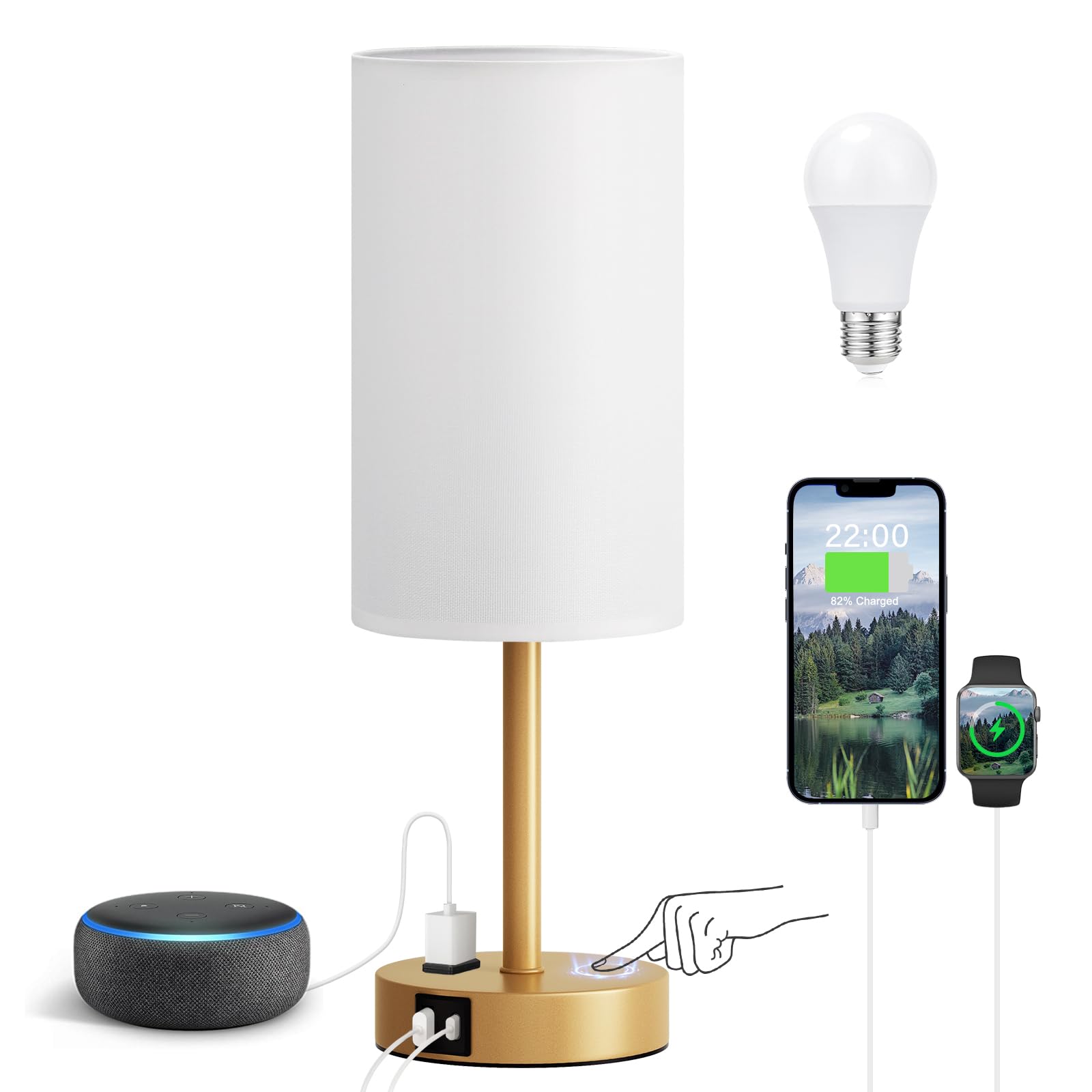 Fenmzee Bedside Table Lamp for Bedroom - 3 Way Dimmable Touch Lamp USB C Charging Ports and AC Outlet, Small Lamp Wood Base Round Flaxen Fabric Shade for Living Room, Desk, LED Bulb Included