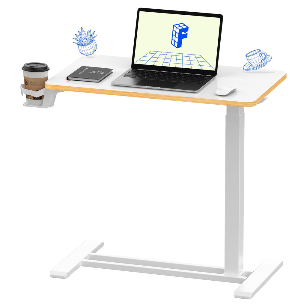 FLEXISPOT H7 Adjustable Overbed Bedside Table with Wheels Pneumatic Mobile Standing Laptop Desk Rolling Computer Cart Movable Overbed Table Hospital Home Use (31.5" W x 17.7" D, White Maple Large)