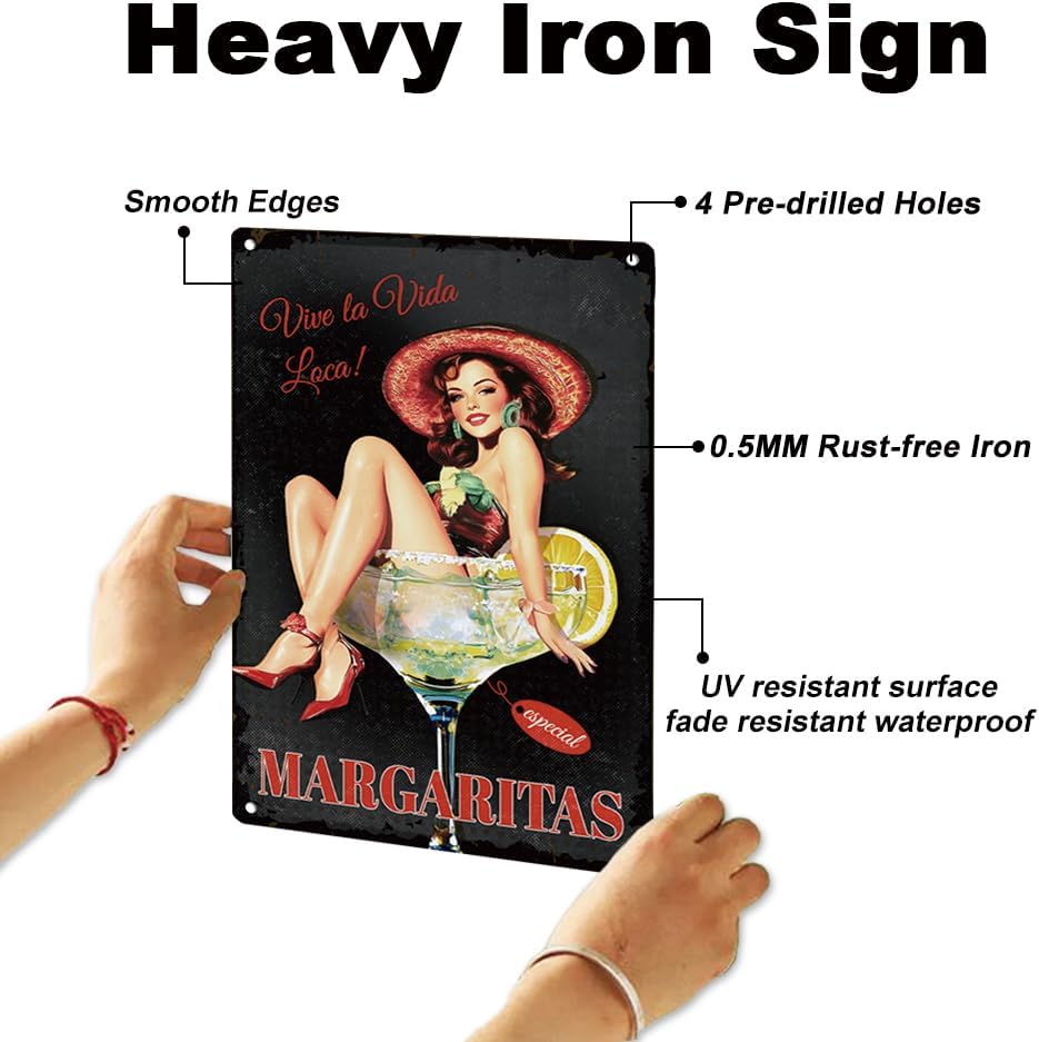 Pin Up Woman Cocktail Retro Wall Decor Metal Tin Sign 8" x 12" Sexy Woman Sitting Inside A Margarita Vintage Wall Art Poster for Man Cave Home Coffee Room Bathroom Bar Decor Gift
