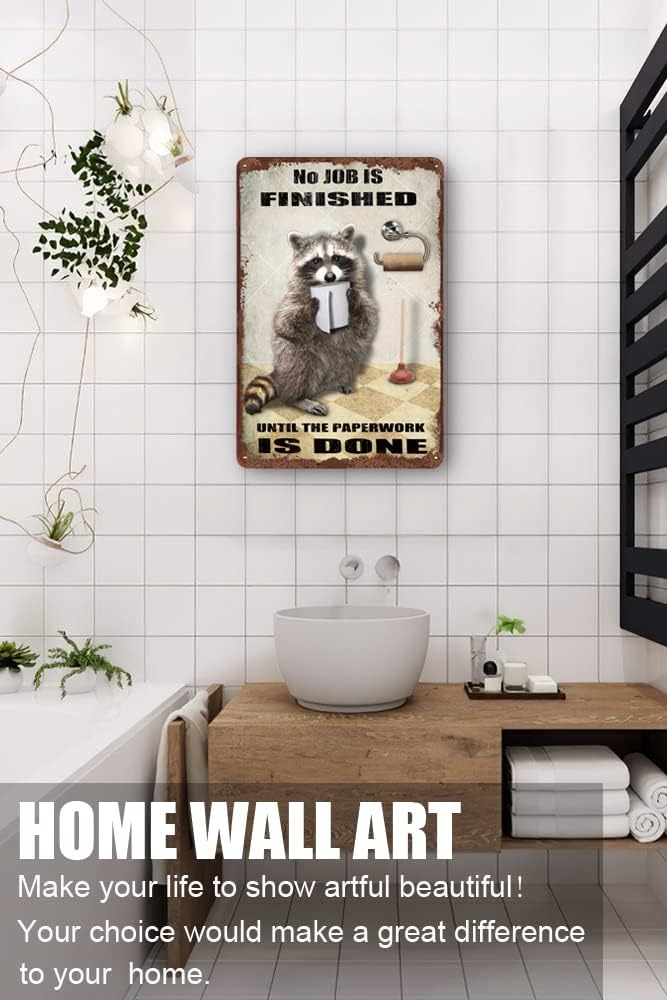 Vintage Tin Sign - Raccoon Bathroom Wall Decor - Rustic Metal Sign - 12x8 Inch - Funny Animal Sign for Home, Bathroom, Pub, Gift