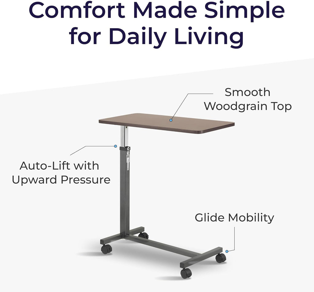 Drive Medical Overbed Table with Wheels - Secure Height Adjustment for Comfort - Non Tilt Surface - Smooth Rolling Design - Home & Hospital Use - Woodgrain Laminate Top - Silver Vein