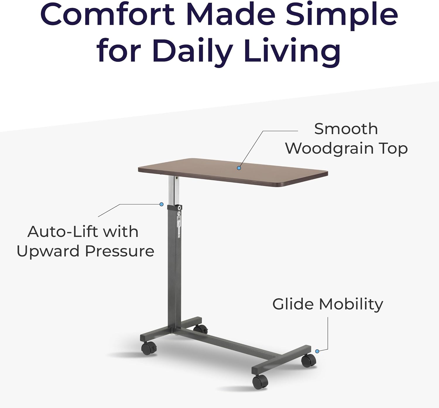Drive Medical Overbed Table with Wheels - Secure Height Adjustment for Comfort - Non Tilt Surface - Smooth Rolling Design - Home & Hospital Use - Woodgrain Laminate Top - Silver Vein