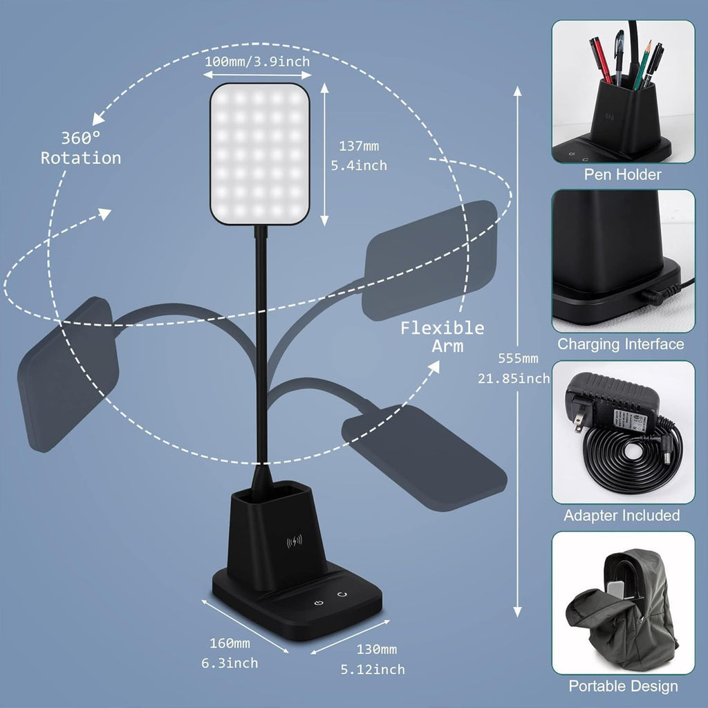 Desk Lamp, LED Desk Lamps for Home Office, Wireless Charger Small Desk Lamp with Pen Holder, 3 Color Modes, Dimmable, CRI 85, 800LM, Study Lamps for College Dorm Room, Adapter Included, Black