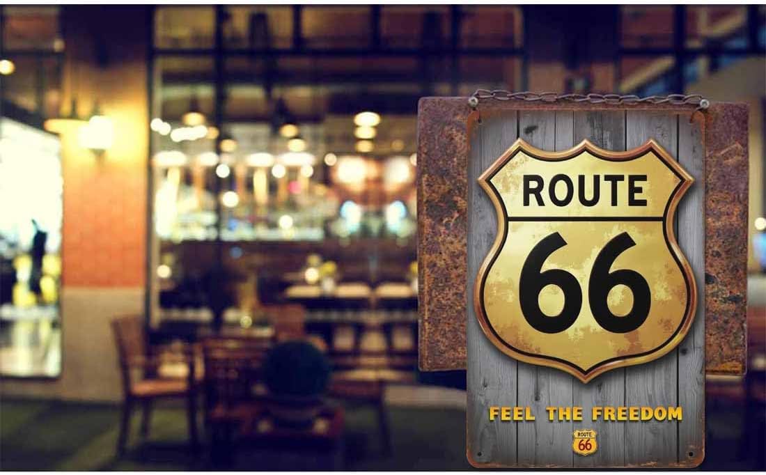 AOYEGO Route 66 Tin Sign,Gold Plaque On The Retro Wooden with Letter Vintage Metal Tin Signs for Cafes Bars Pubs Shop Wall Decorative Funny Retro Signs for Men Women 8x12 Inch