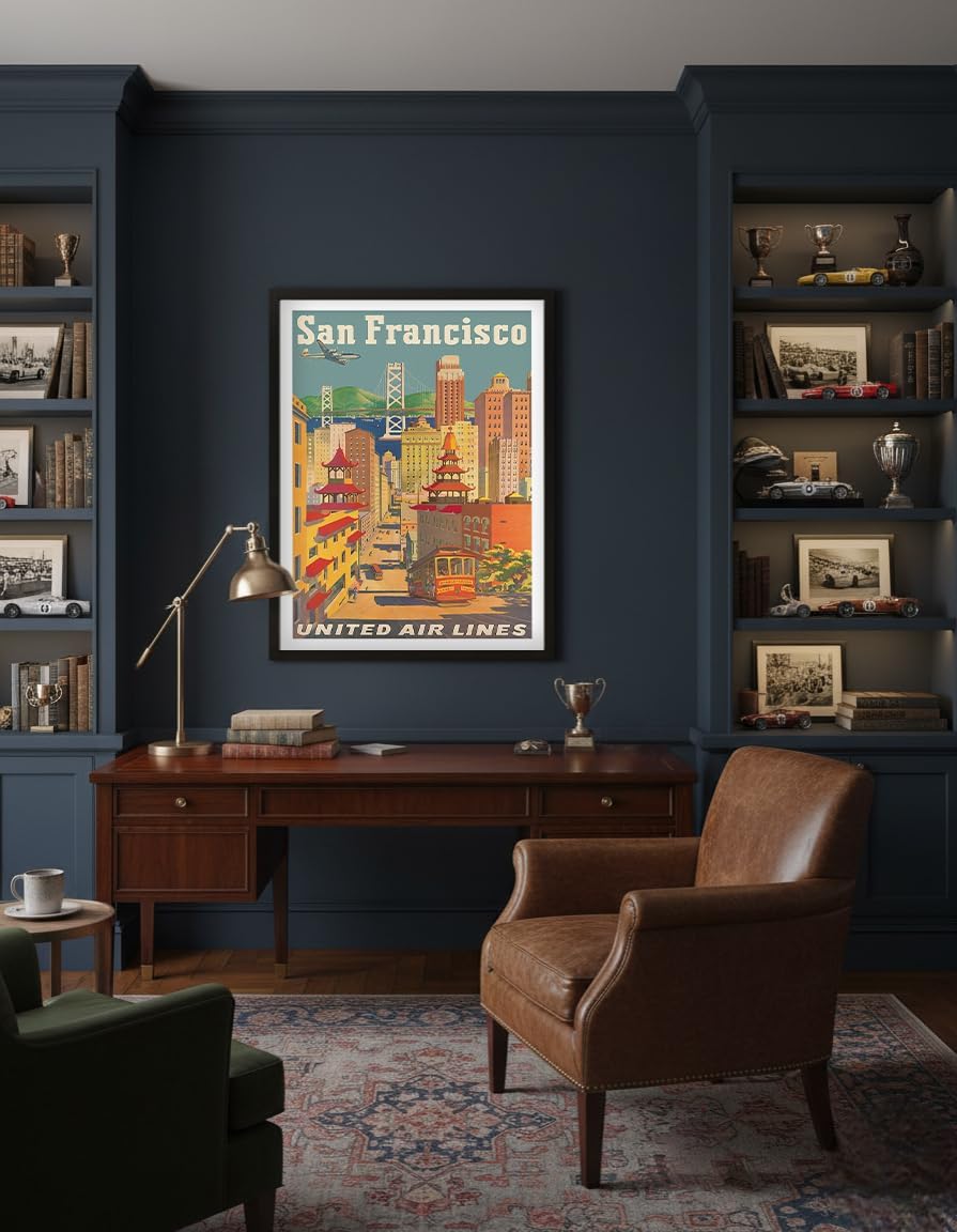 Pacifica Island Art San Francisco California - Cable Car in Chinatown - United Air Lines - Vintage Airline Travel Poster by Joseph Fehér c.1950s - 8 x 12 inch Vintage Metal Tin Sign
