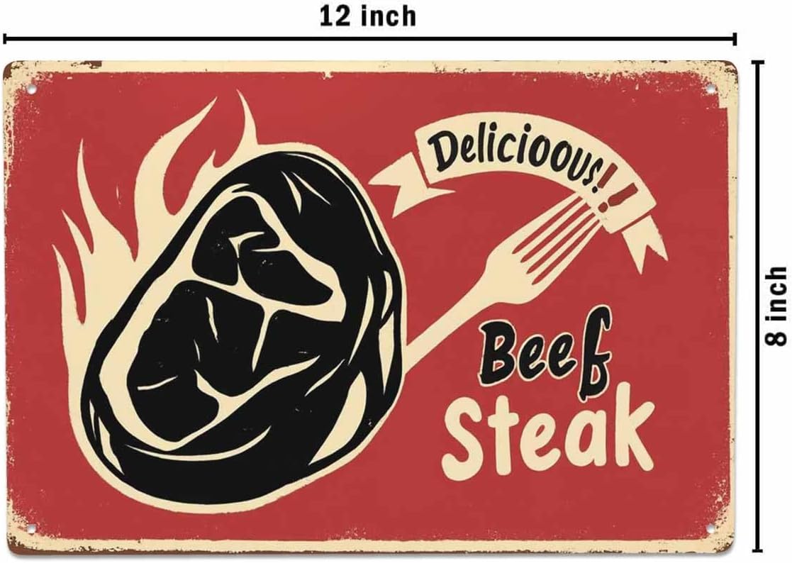 AOYEGO Steak Tin Sign,Beef Meat Delicious Fire Hot Fork Block Protein Food Restaurant Vintage Metal Tin Signs for Cafes Bars Pubs Shop Wall Decorative Funny Retro Signs for Men Women 8x12 Inch