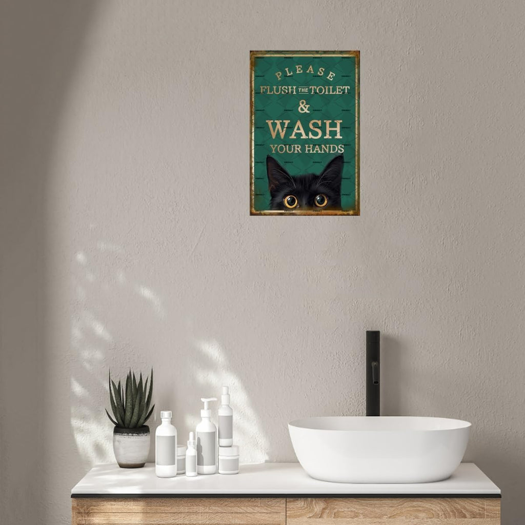EMOHAT Metal Aluminum Plaque Sign Decoration Funny Black Cat Please Flush Toilet Wash Your Hands Cute Sign Home Bathroom Restroom Toilet Wall Art Decor Metal Poster Tin Sign 8x12 Inch