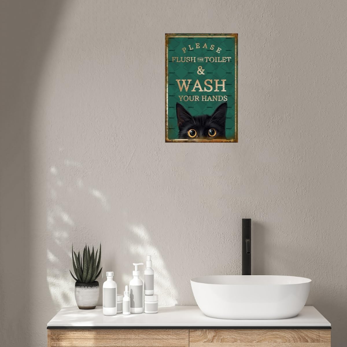EMOHAT Metal Aluminum Plaque Sign Decoration Funny Black Cat Please Flush Toilet Wash Your Hands Cute Sign Home Bathroom Restroom Toilet Wall Art Decor Metal Poster Tin Sign 8x12 Inch