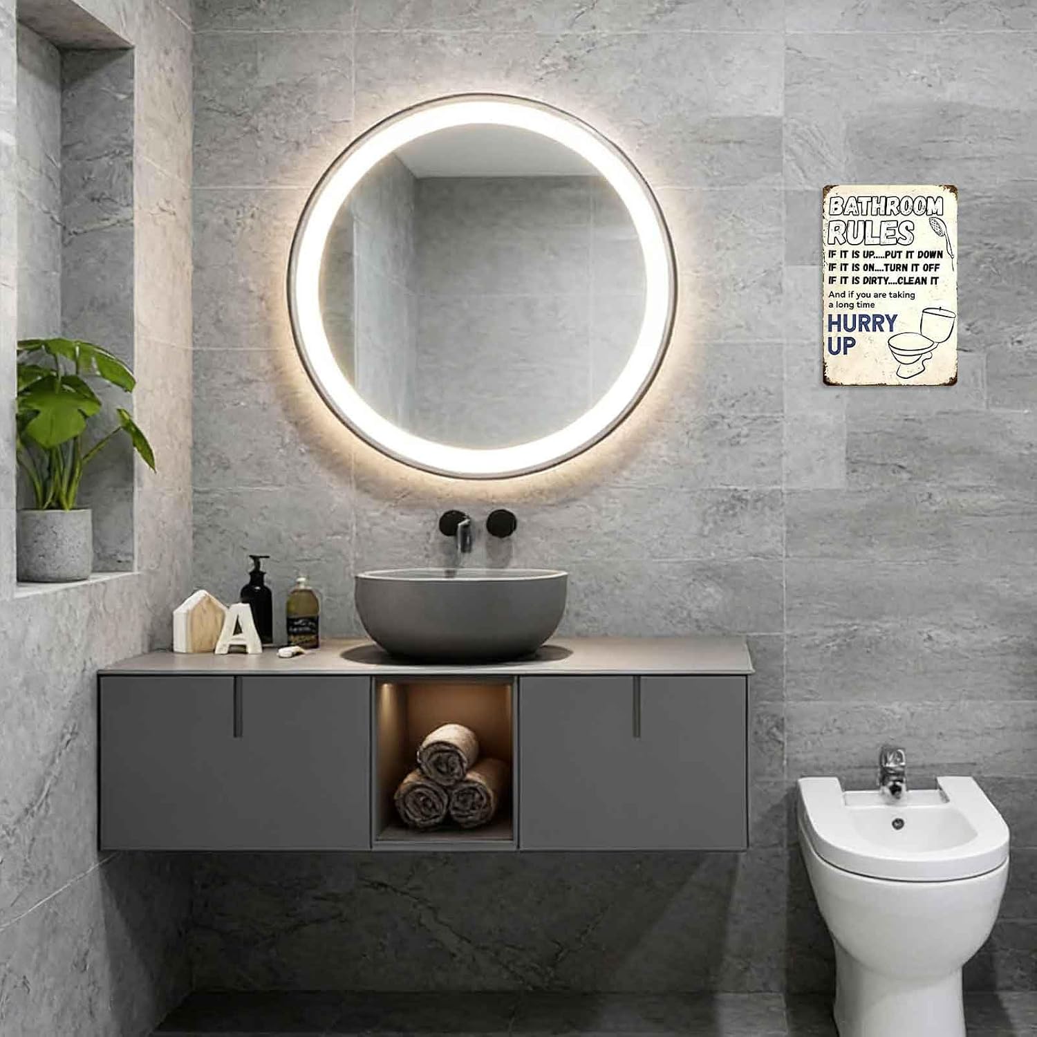 Vintage 'Bathroom Rules' Metal Tin Sign – Funny Wall Art for Bathroom Decor, 8x12 Inch