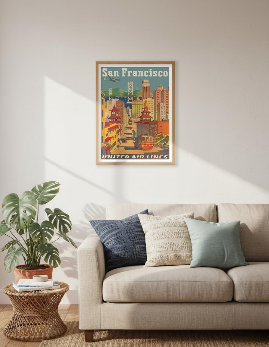 Pacifica Island Art San Francisco California - Cable Car in Chinatown - United Air Lines - Vintage Airline Travel Poster by Joseph Fehér c.1950s - 8 x 12 inch Vintage Metal Tin Sign