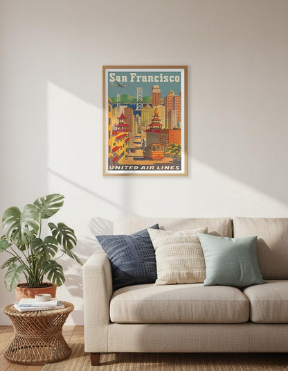 Pacifica Island Art San Francisco California - Cable Car in Chinatown - United Air Lines - Vintage Airline Travel Poster by Joseph Fehér c.1950s - 8 x 12 inch Vintage Metal Tin Sign