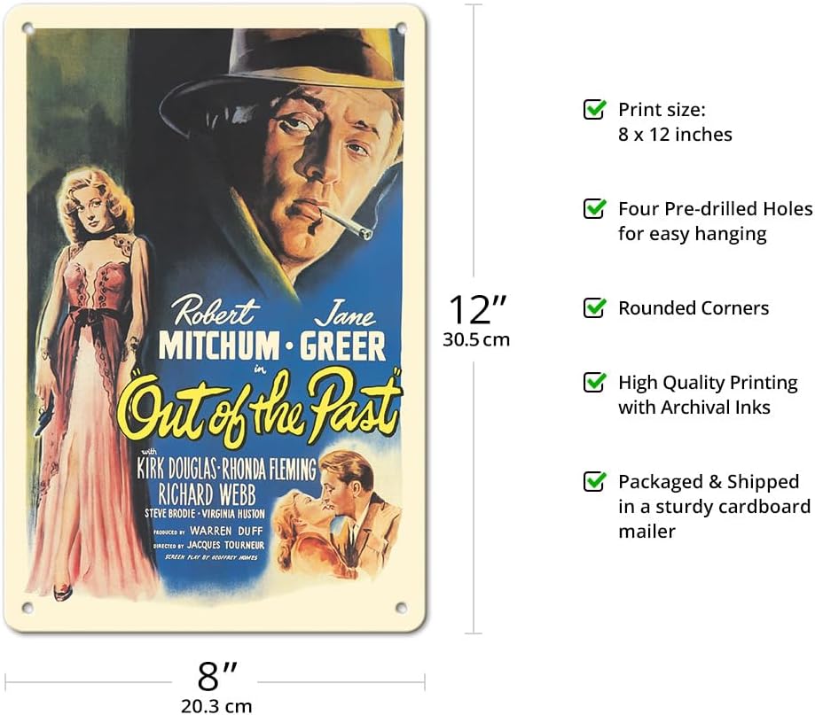Out of the Past - Starring Robert Mitchum Jane Greer - Vintage Film Noir Movie Poster by William Rose c.1947-8 x 12 inch Vintage Metal Tin Sign