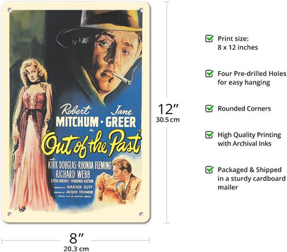 Out of the Past - Starring Robert Mitchum Jane Greer - Vintage Film Noir Movie Poster by William Rose c.1947-8 x 12 inch Vintage Metal Tin Sign