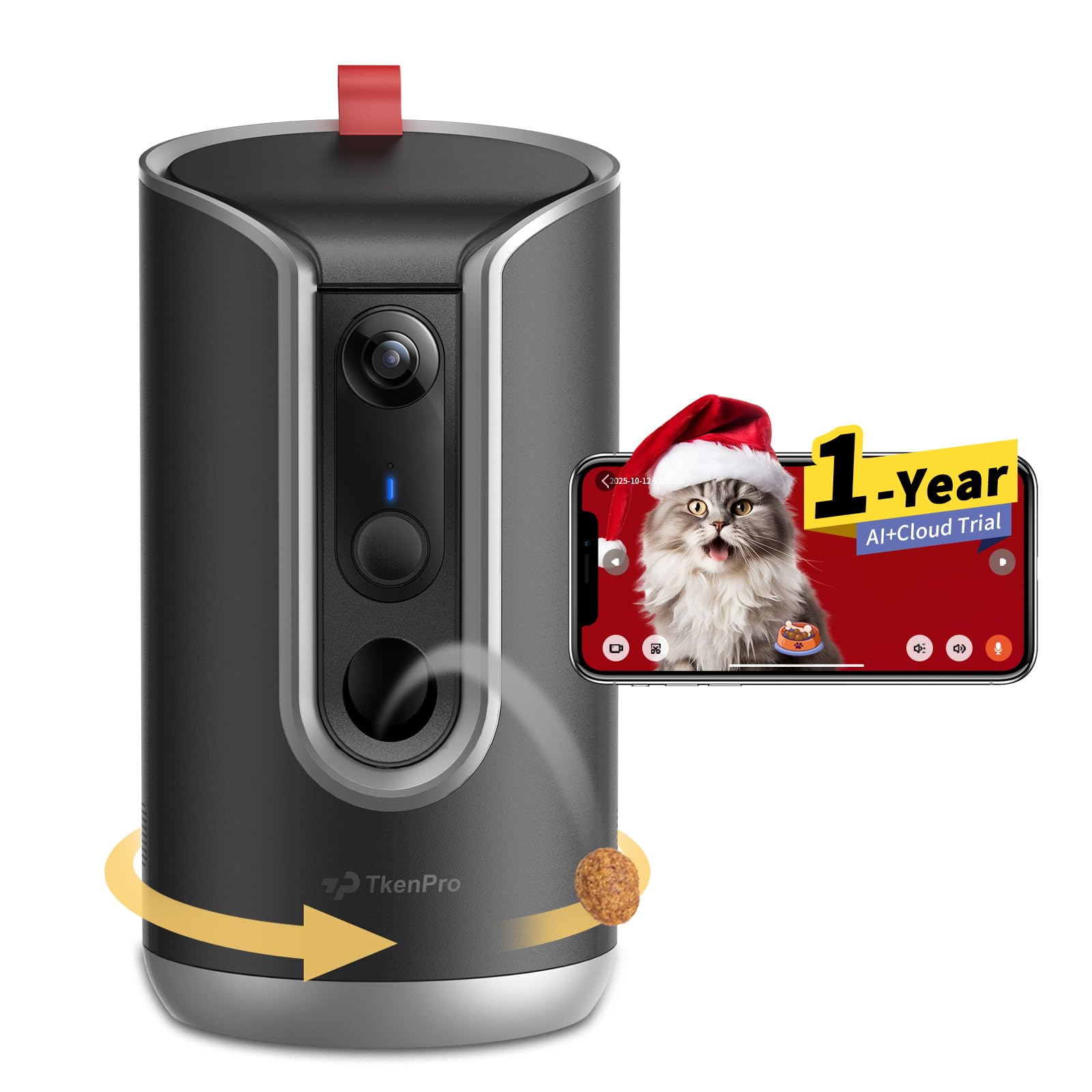 TKENPRO 2K Pet Camera Treat Dispenser, 360°View Dog Camera with Phone App, 5G&2.4G WiFi 2-Way Talk Pet Cam Indoor for Cats Remote Treat Tossing, Motion Alerts, Auto Tracking
