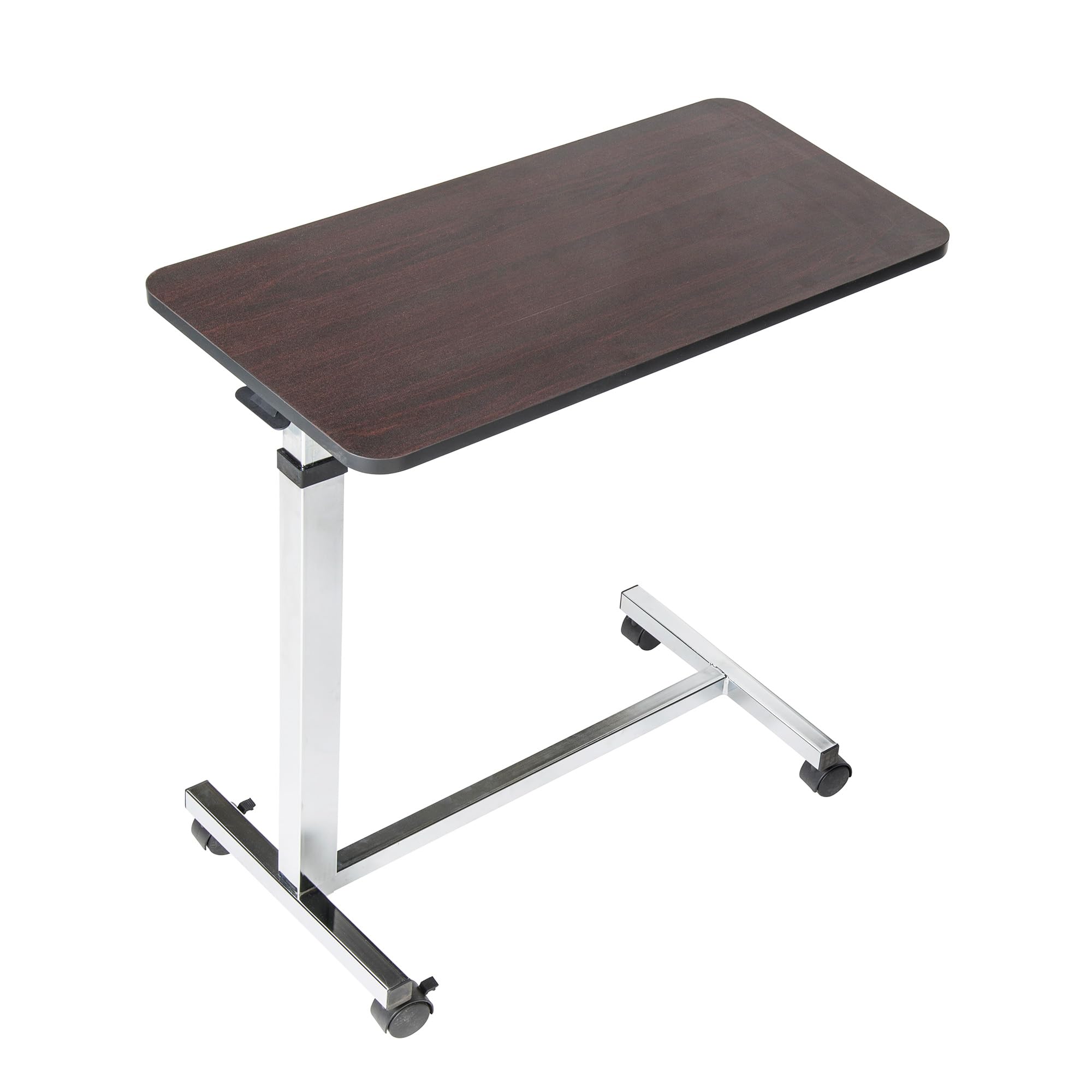 Drive Medical Overbed Table with Wheels - Secure Height Adjustment for Comfort - Non Tilt Surface - Smooth Rolling Design - Home & Hospital Use - Woodgrain Laminate Top - Silver Vein