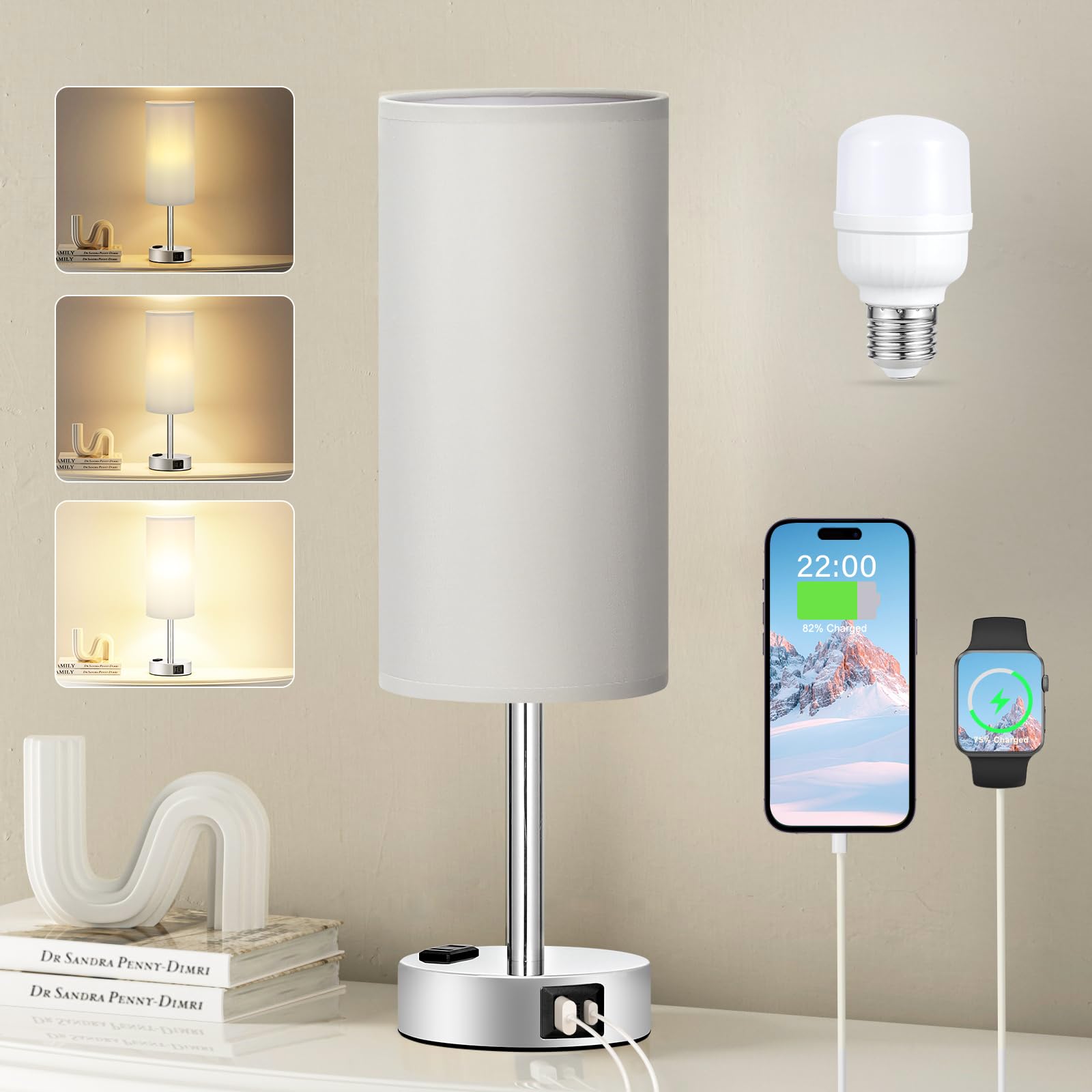 Fenmzee Bedside Table Lamp for Bedroom - 3 Way Dimmable Touch Lamp USB C Charging Ports and AC Outlet, Small Lamp Wood Base Round Flaxen Fabric Shade for Living Room, Desk, LED Bulb Included
