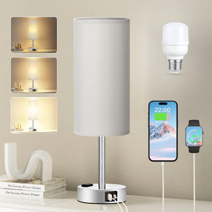 Fenmzee Bedside Table Lamp for Bedroom - 3 Way Dimmable Touch Lamp USB C Charging Ports and AC Outlet, Small Lamp Wood Base Round Flaxen Fabric Shade for Living Room, Desk, LED Bulb Included
