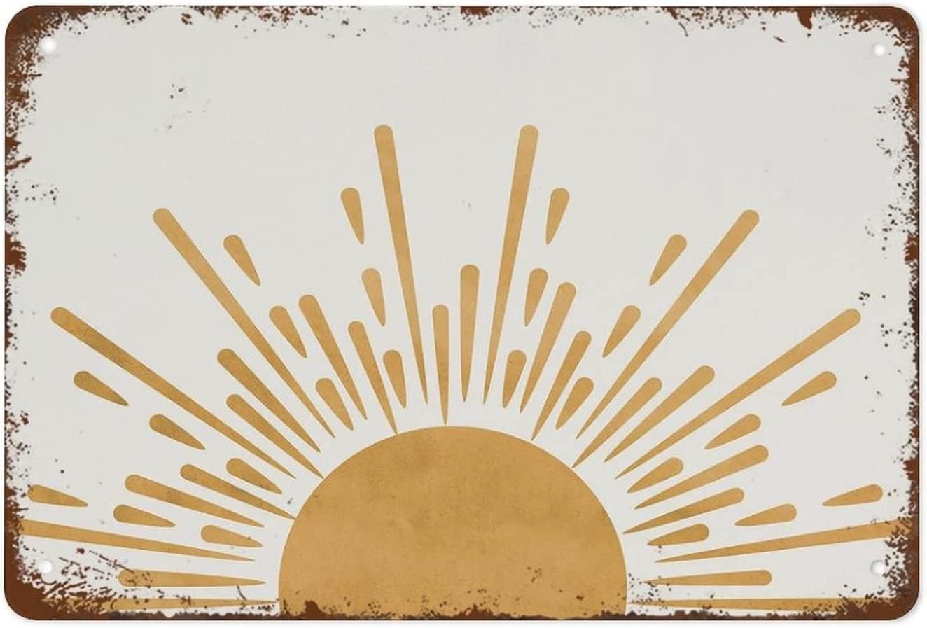 Retro Metal Tin Sign 8 X 12 Inches Mid Century Modern Art Wall Decor Sun Art Print Decor Horizontal Yellow Sunset Minimalist Poster Suitable for Home Garage Wall Decor Rustic Home Decor Funny Room De