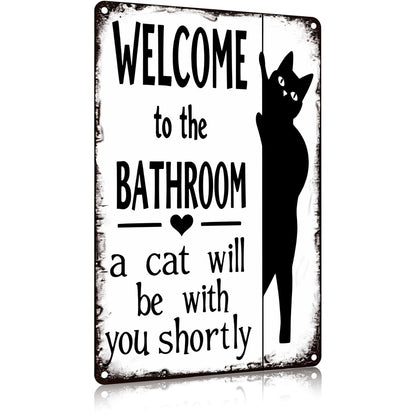 Funnysign Cat Lovers Gifts Welcome To The Bathroom A Cat Will Be with You Tin Sign for Bathroom Toilet Decor 8 X 12 Inch(9826)