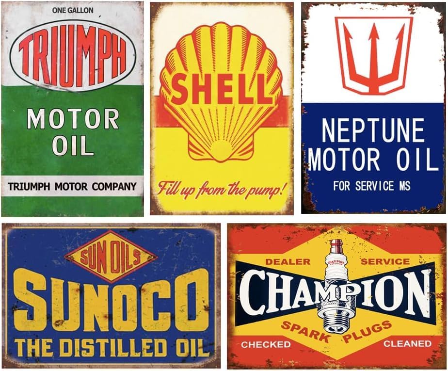 Reproduced Vintage Tin Sign Pack, Gas Oil Retro Advert Antique Metal Signs for Garage Man Cave Bar Kitchen, Nostalgic Car Decor, 8x12 Inch (24 pieces B)