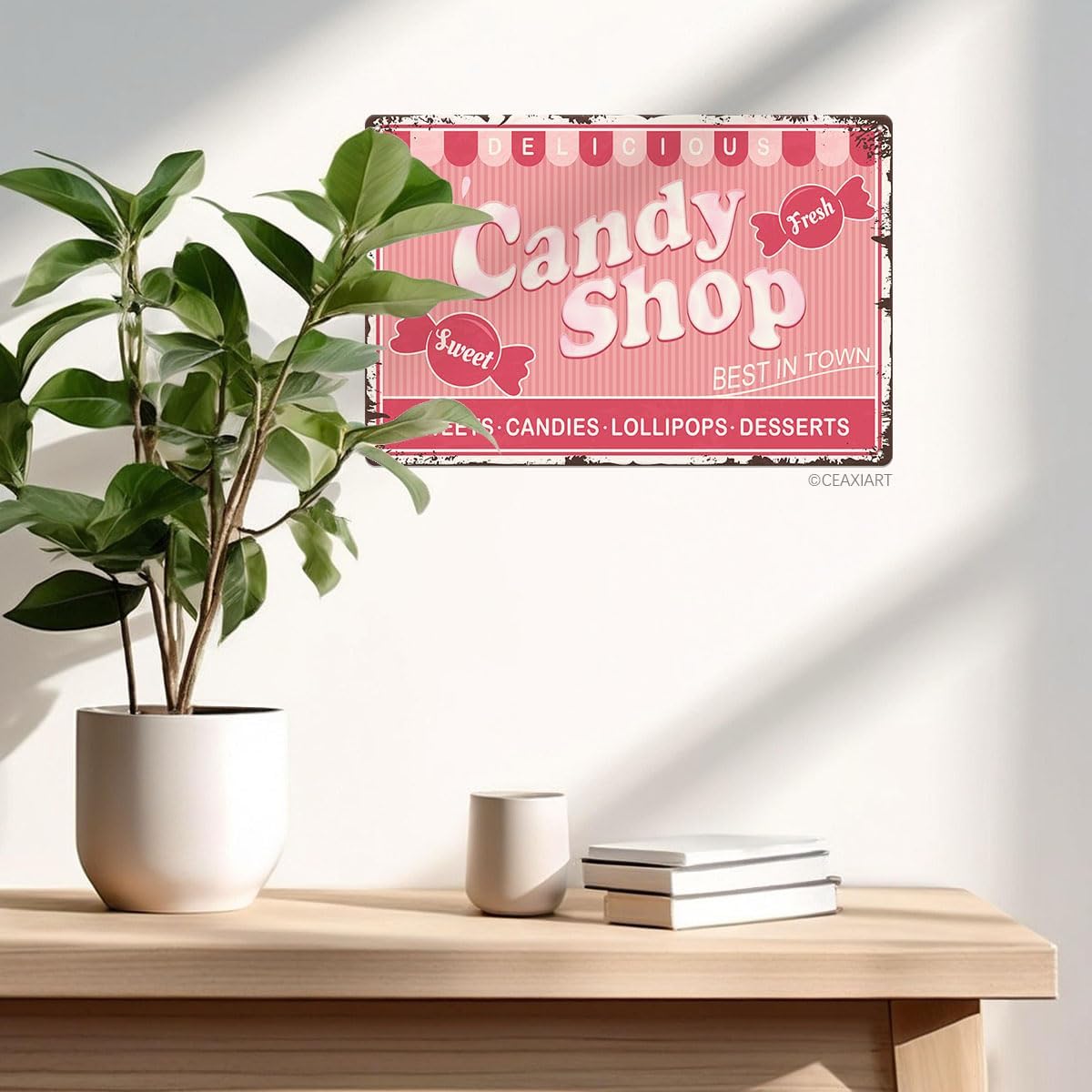Candy Shop Tin Signs Sweets Candies Lollipops Desserts Store Vintage Poster Metal Sign Art Wall Decor for Home Kitchen Bar Cafe Retro Pink Hanging Plaque 8X12 Inch
