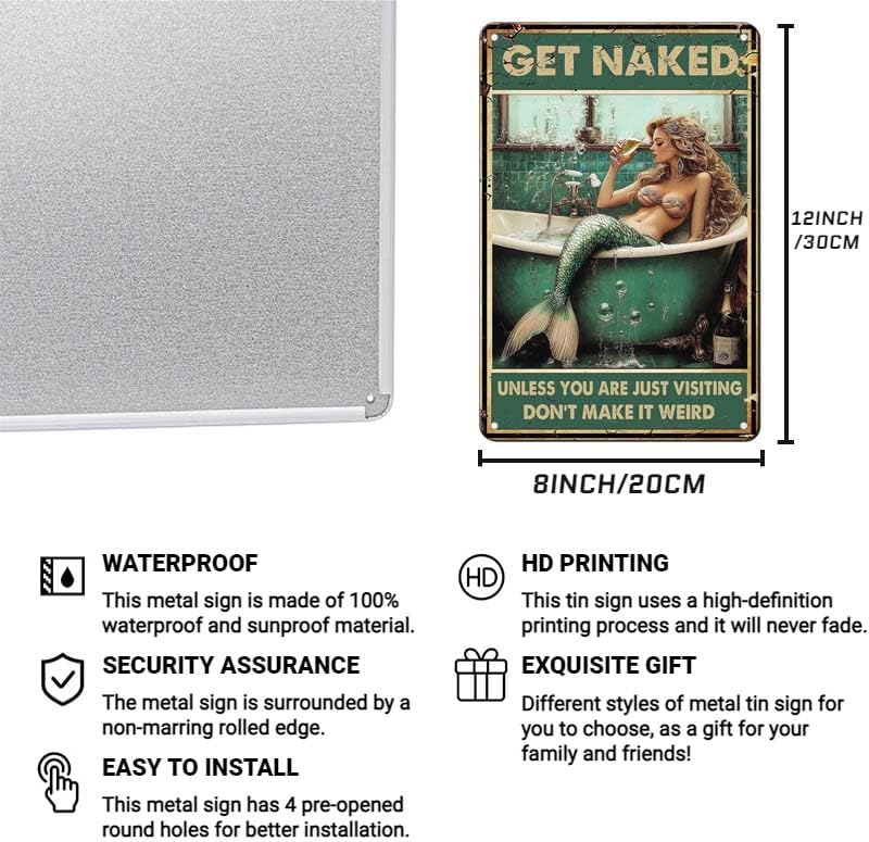 CCPARTON Metal Sign Get Naked Mermaid Vintage Metal Tin Sign For Home Outdoor Indoor Office Bar Yard Decor 8x12 Inches
