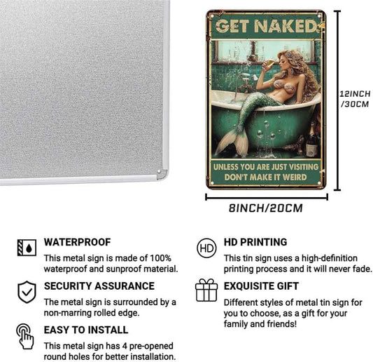 CCPARTON Metal Sign Get Naked Mermaid Vintage Metal Tin Sign For Home Outdoor Indoor Office Bar Yard Decor 8x12 Inches