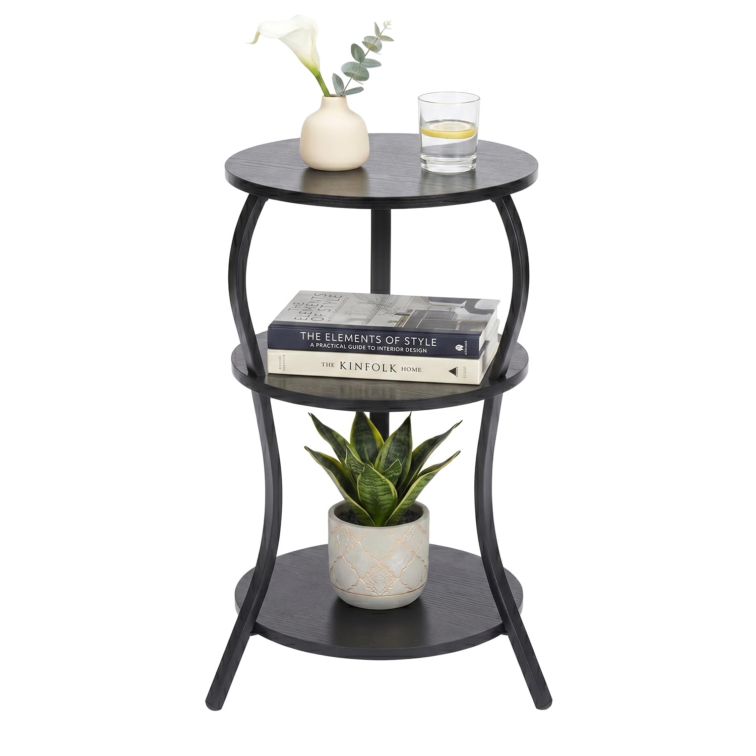 Vintage Small Round Side Table, 3-Tier Slim Waist Circular End Table with Storage Shelf, Compact Tea Sofa Table, Round Corner Coffee Table Nightstand for Living Room Bedroom Small Spaces,Rustic Brown
