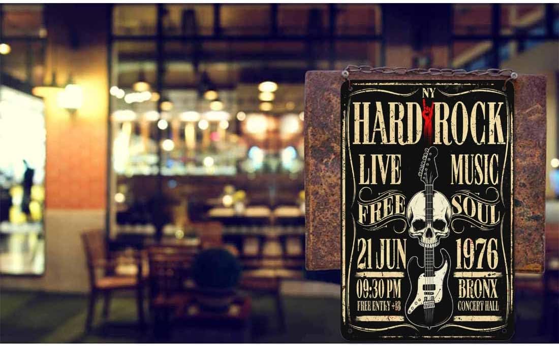 AOYEGO Hard Rock Poster Tin Sign,Rock Roll Music with Skull Guitar Vintage Metal Tin Signs for Cafes Bars Pubs Shop Wall Decorative Funny Retro Signs for Men Women 8x12 Inch